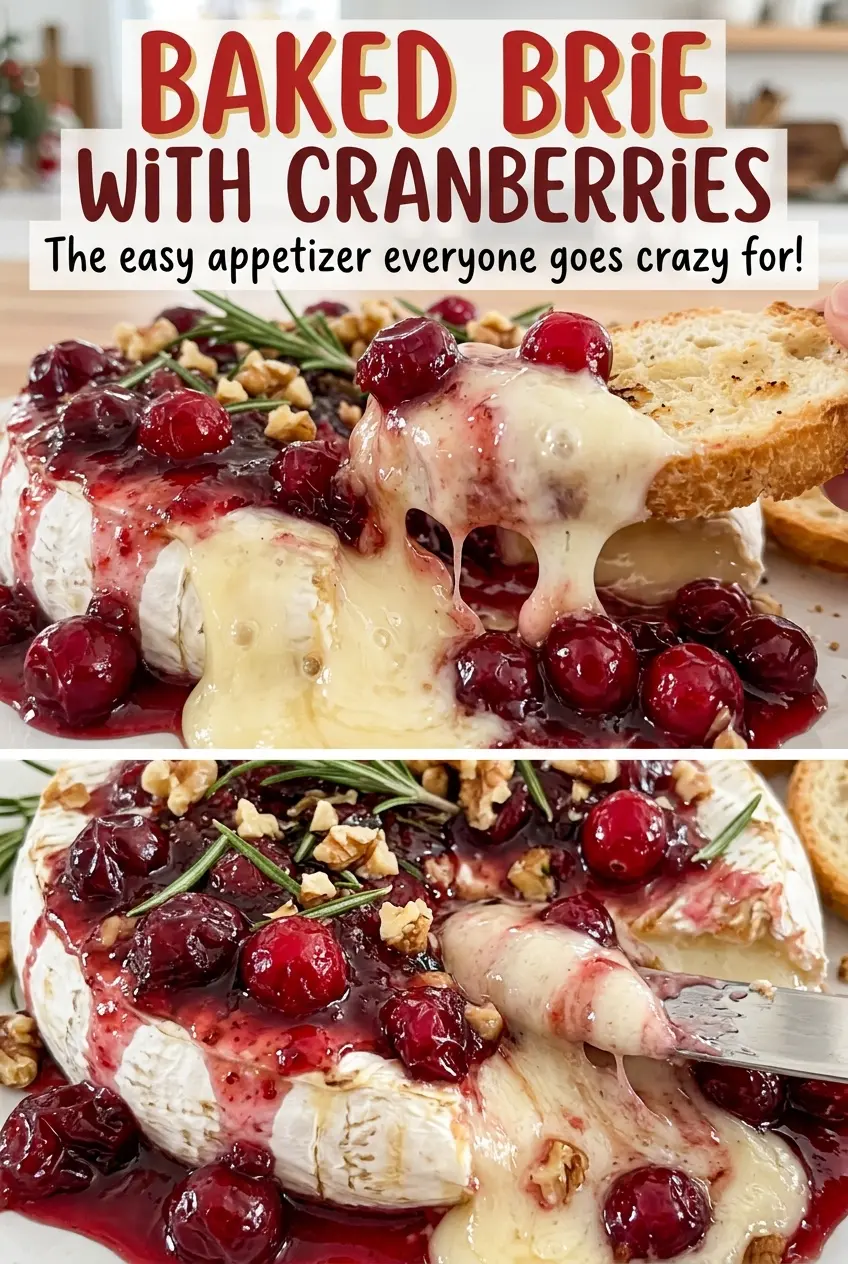 Baked Brie with Cranberries, warm and glossy