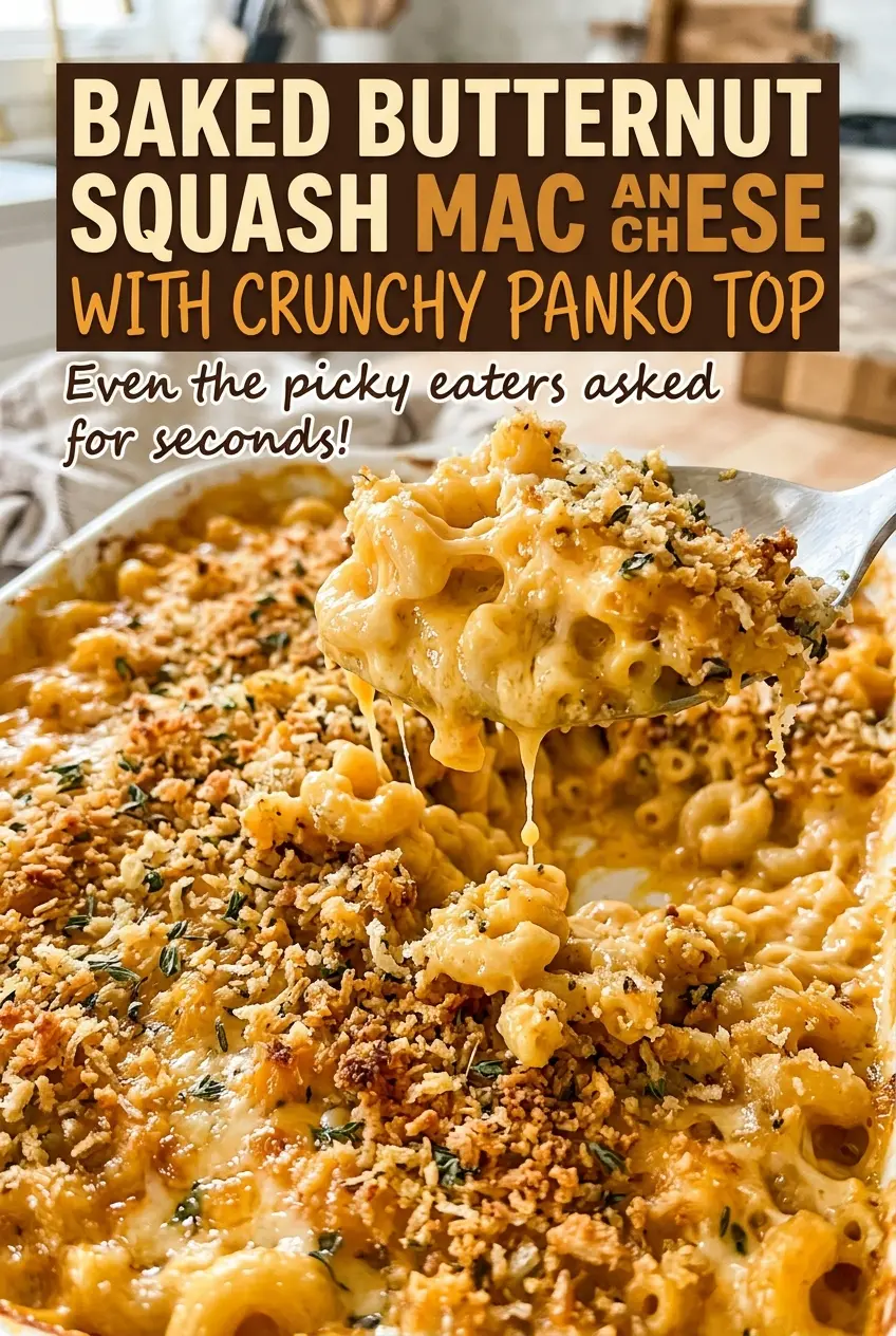 Baked Butternut Squash Mac and Cheese with Crunchy Panko Top, golden cheesy bake
