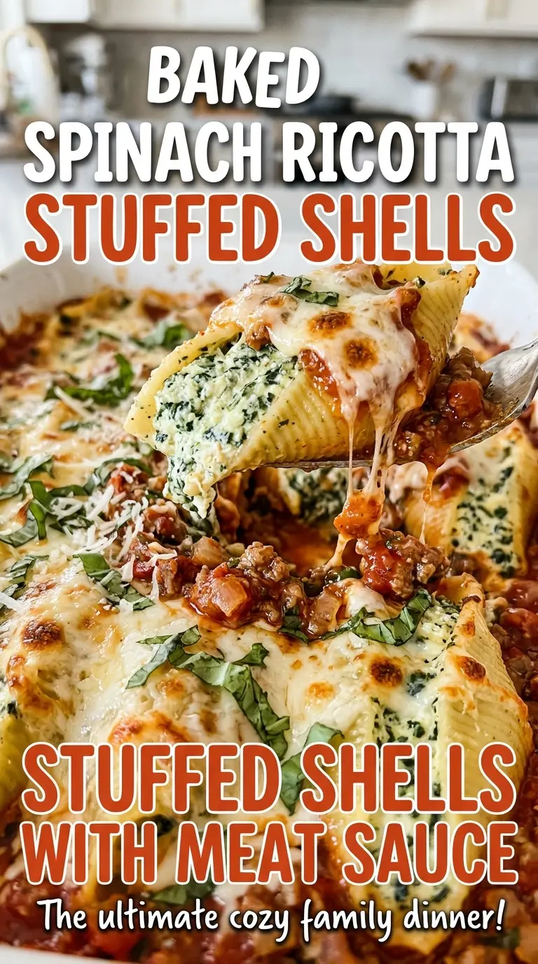 Baked Spinach Ricotta Stuffed Shells with Meat Sauce, cheesy and tender