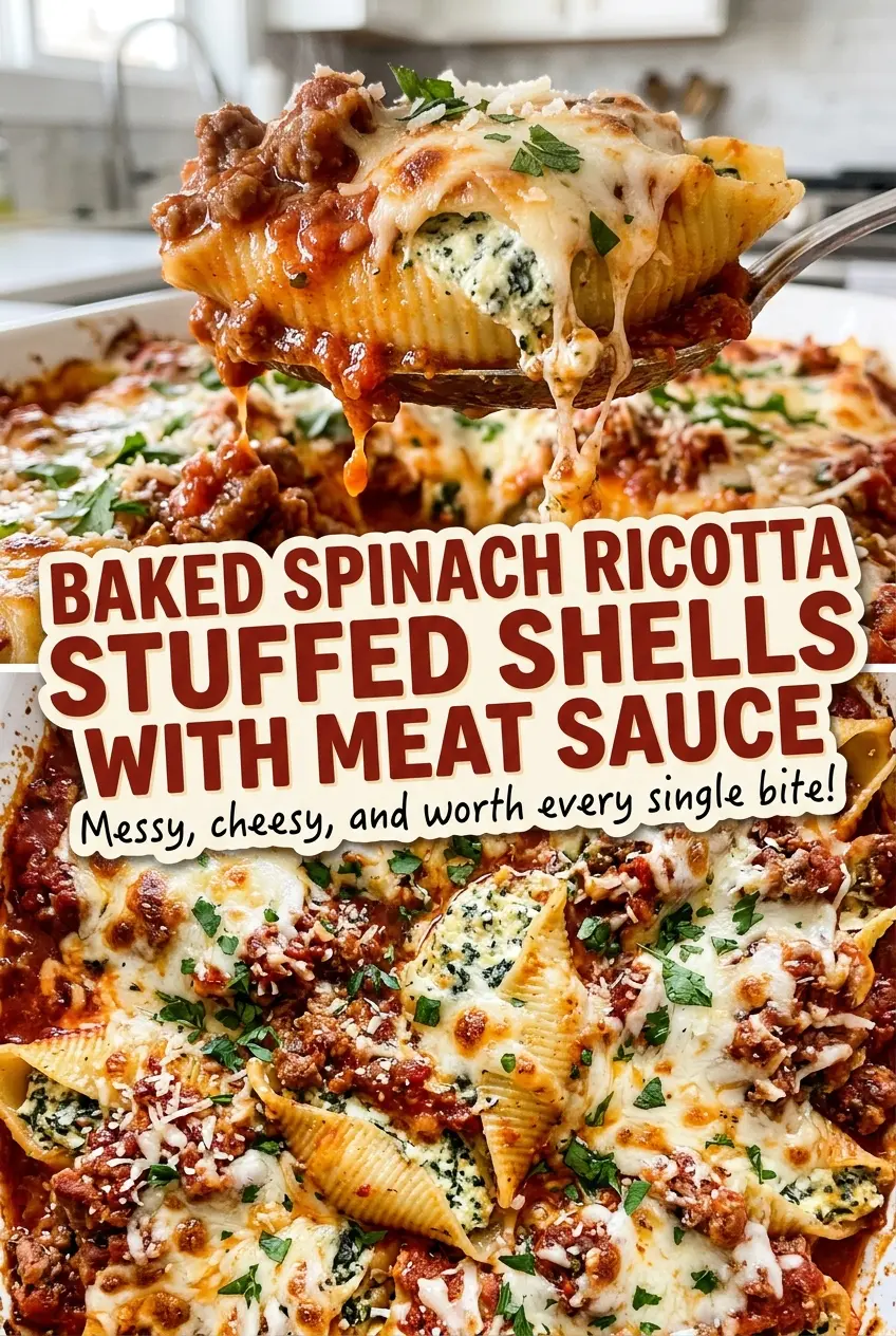 Baked Spinach Ricotta Stuffed Shells with Meat Sauce, golden and bubbling
