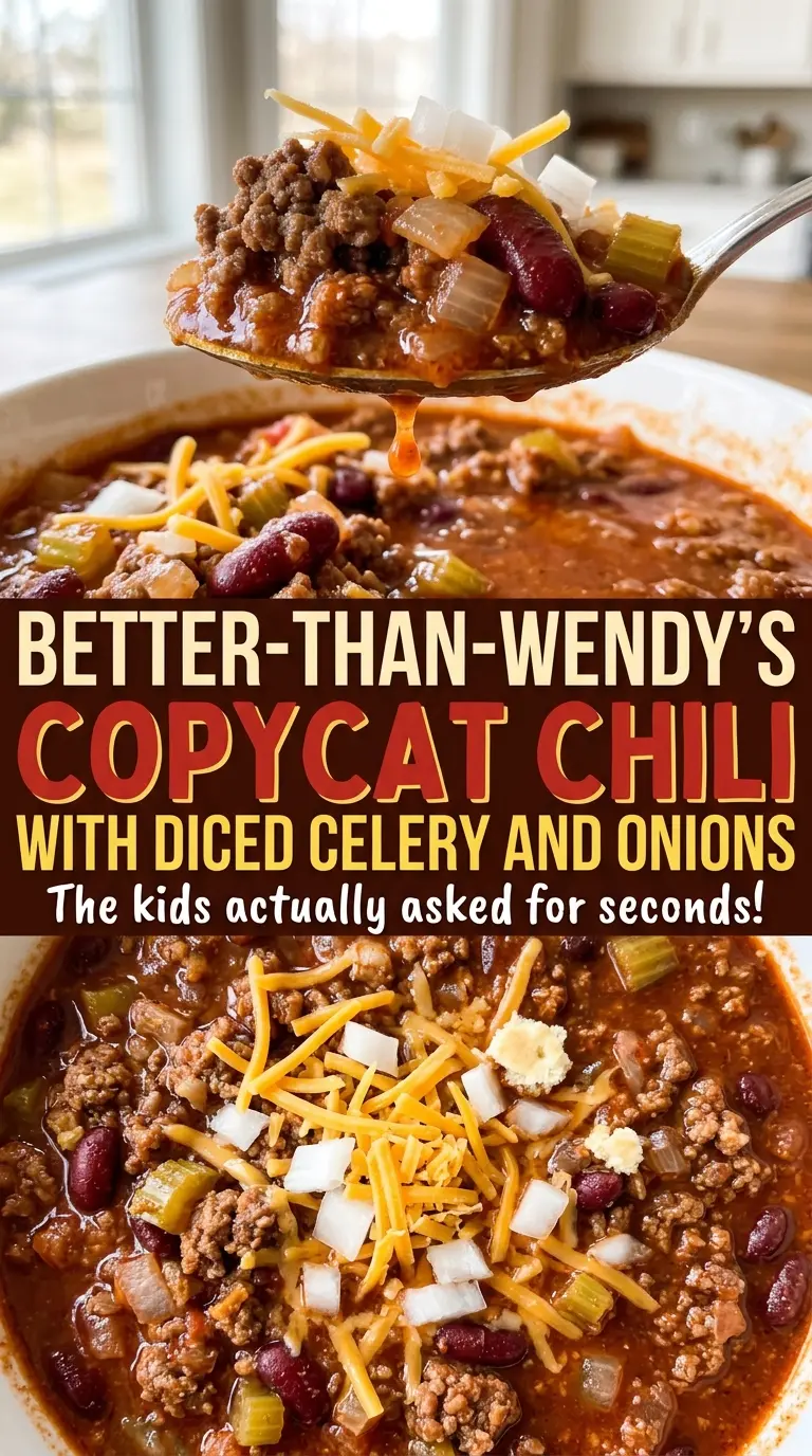 Better-Than-Wendy's copycat chili with diced celery and onions, hearty and chunky