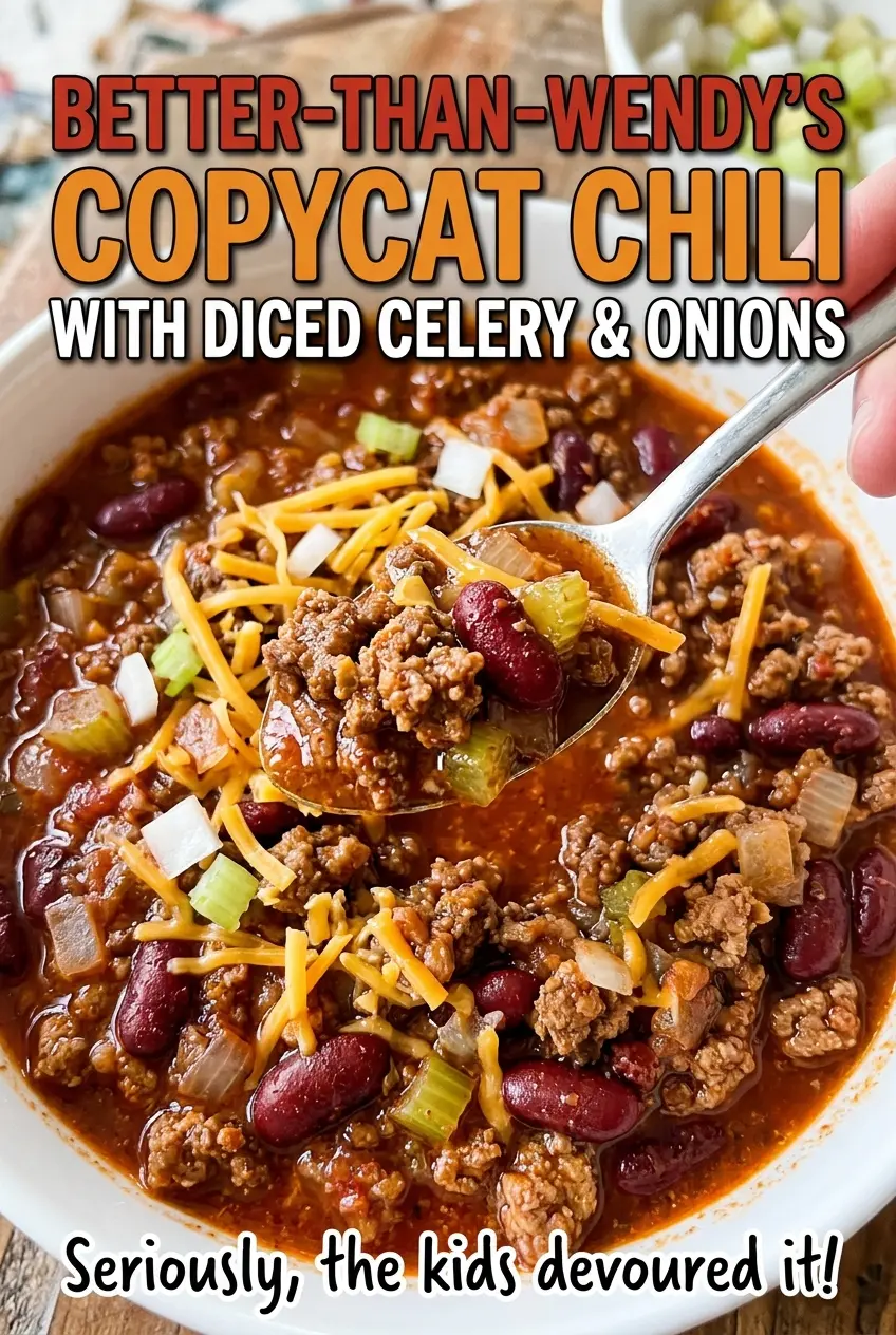 Better-Than-Wendy's copycat chili with diced celery and onions, hearty and chunky