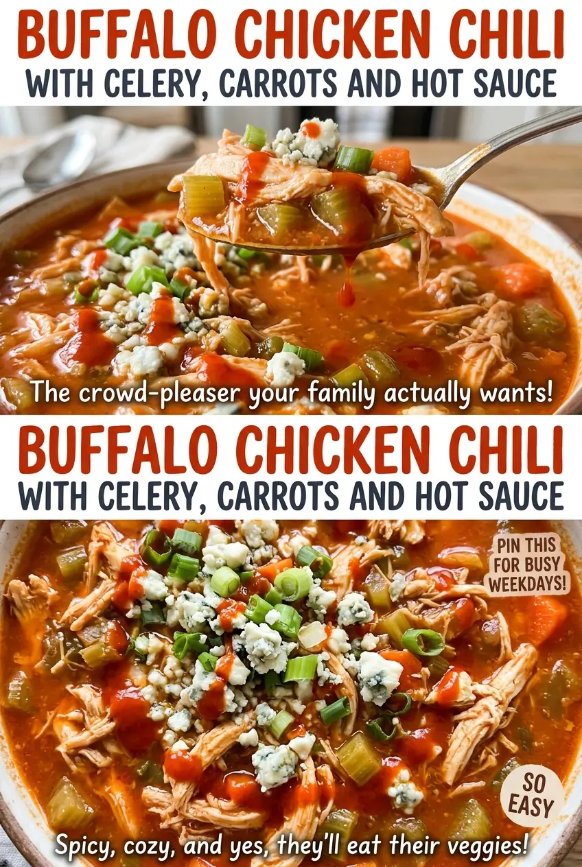 Buffalo chicken chili with tender chicken and creamy broth
