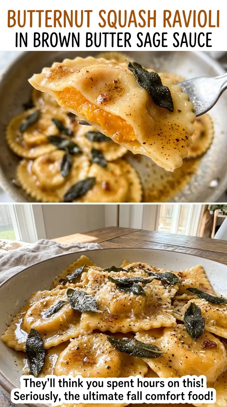 Butternut squash ravioli in brown butter sage sauce, crisp and tender
