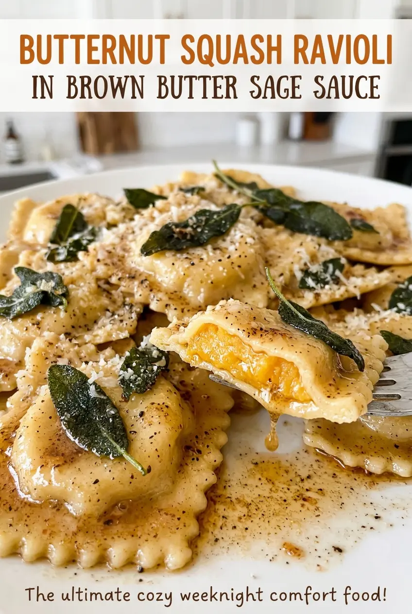 Butternut squash ravioli in brown butter sage sauce, glossy and golden