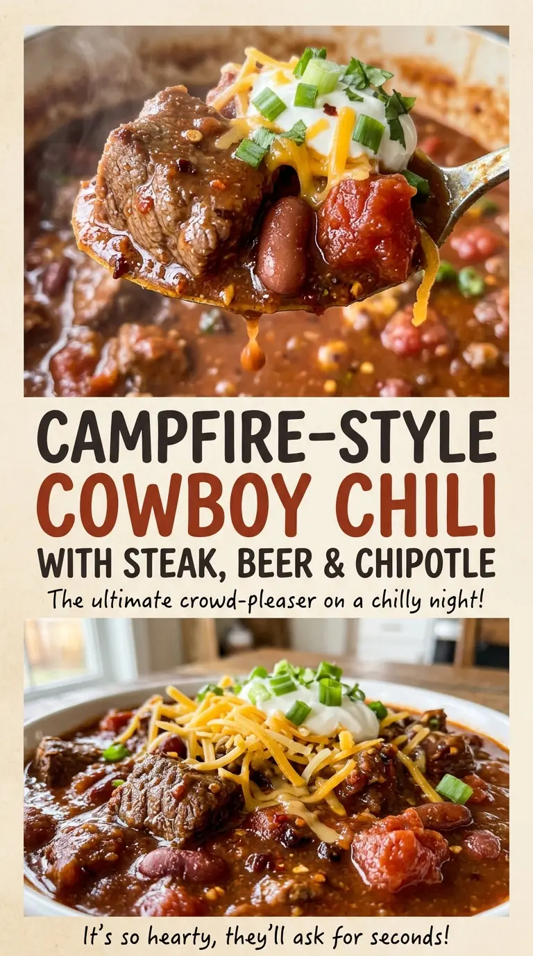 Campfire-Style Cowboy Chili with Steak, Beer and Chipotle, smoky and hearty
