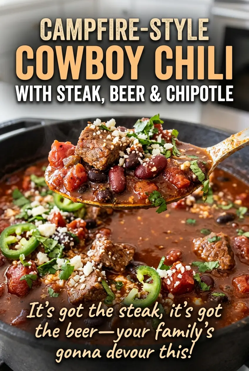 Campfire-Style Cowboy Chili with Steak, Beer and Chipotle, smoky and chunky