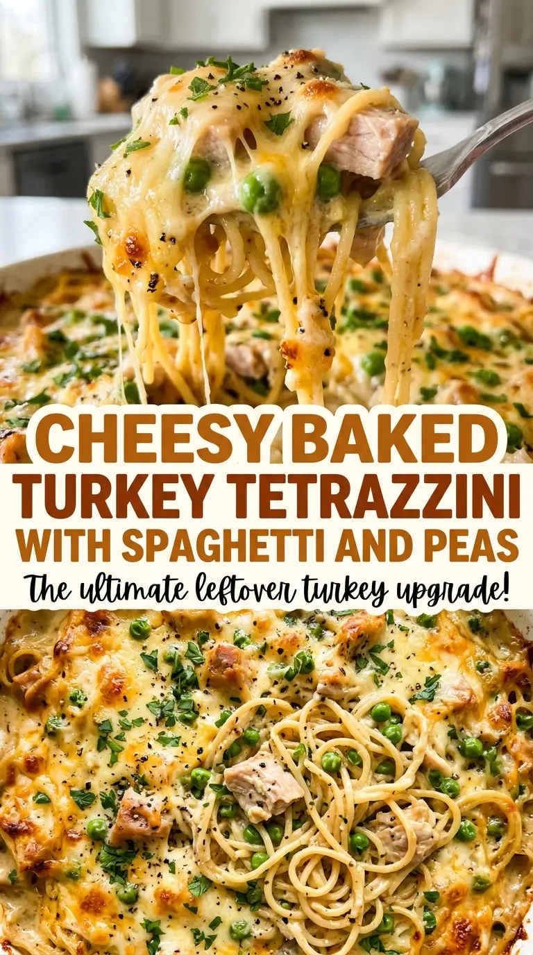 Cheesy Baked Turkey Tetrazzini with Spaghetti and Peas cheesy pasta bake