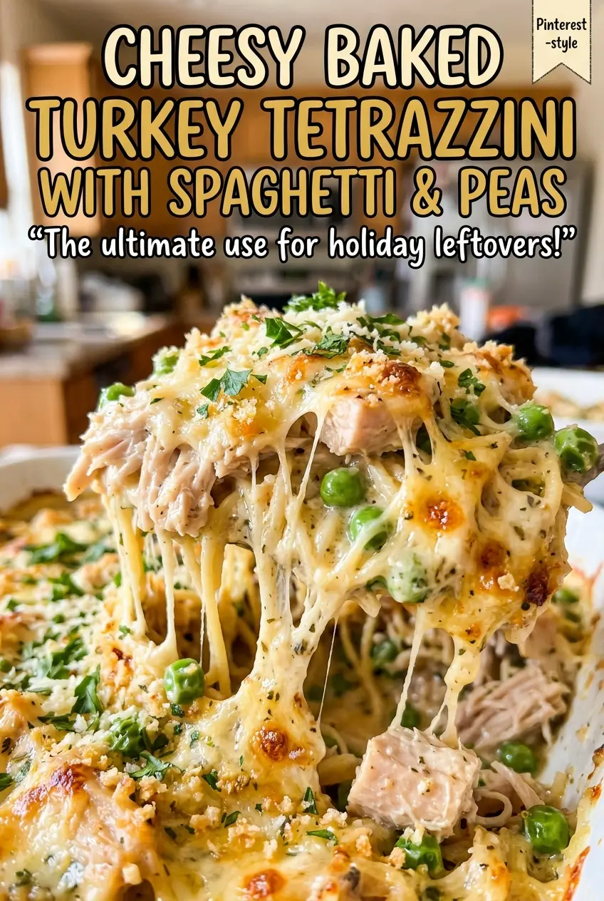 Cheesy Baked Turkey Tetrazzini with Spaghetti and Peas with bubbling golden top