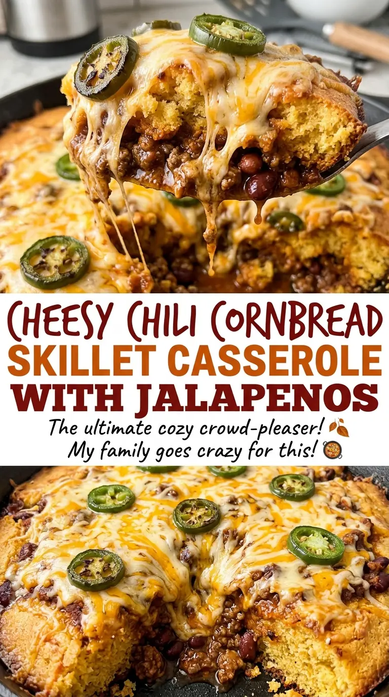 Cheesy Chili Cornbread Skillet Casserole with Jalapenos bubbling skillet layers