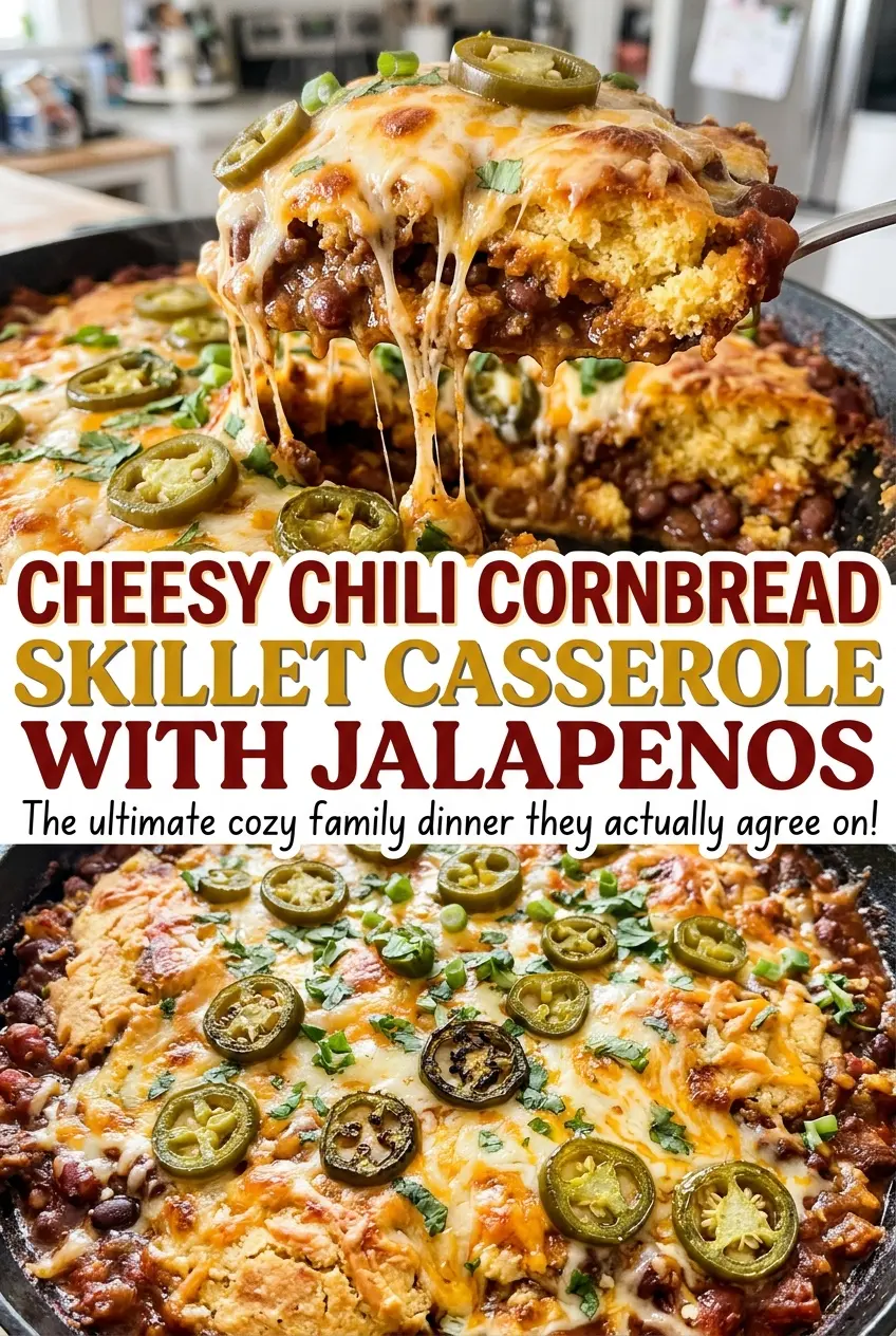 Cheesy Chili Cornbread Skillet Casserole with Jalapenos golden cheesy crust