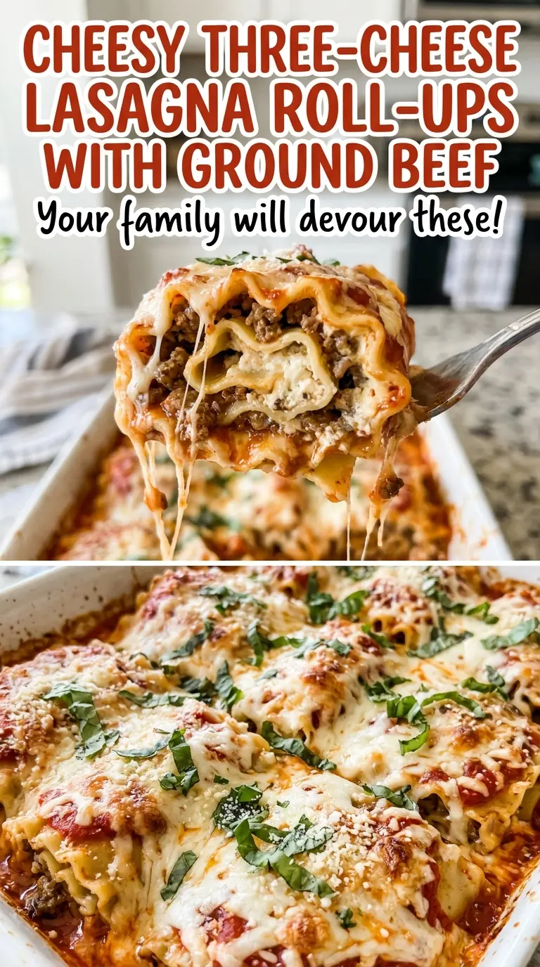 Cheesy Three-Cheese Lasagna Roll-Ups with Ground Beef, neatly rolled pasta