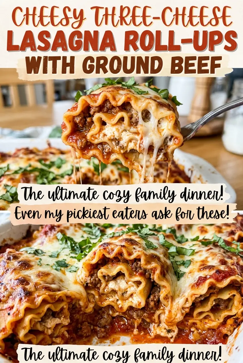 Cheesy Three-Cheese Lasagna Roll-Ups with Ground Beef, bubbling cheesy rolls