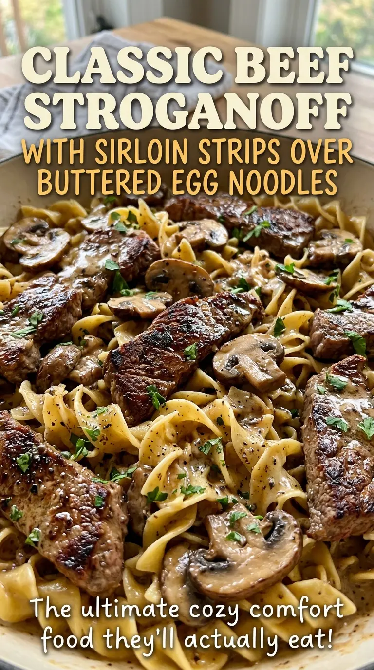 Classic Beef Stroganoff with Sirloin Strips over Buttered Egg Noodles, creamy sauce and tender beef