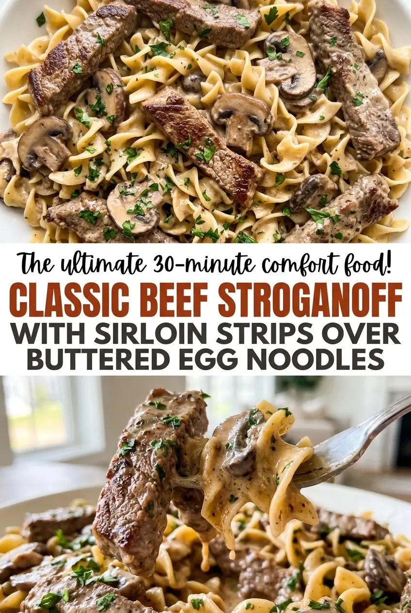 Classic Beef Stroganoff with Sirloin Strips over Buttered Egg Noodles, creamy sauce and tender beef