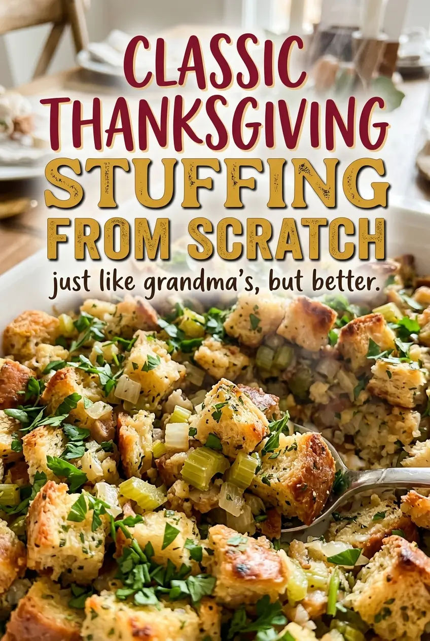 Classic Thanksgiving Stuffing from Scratch golden, crisp top