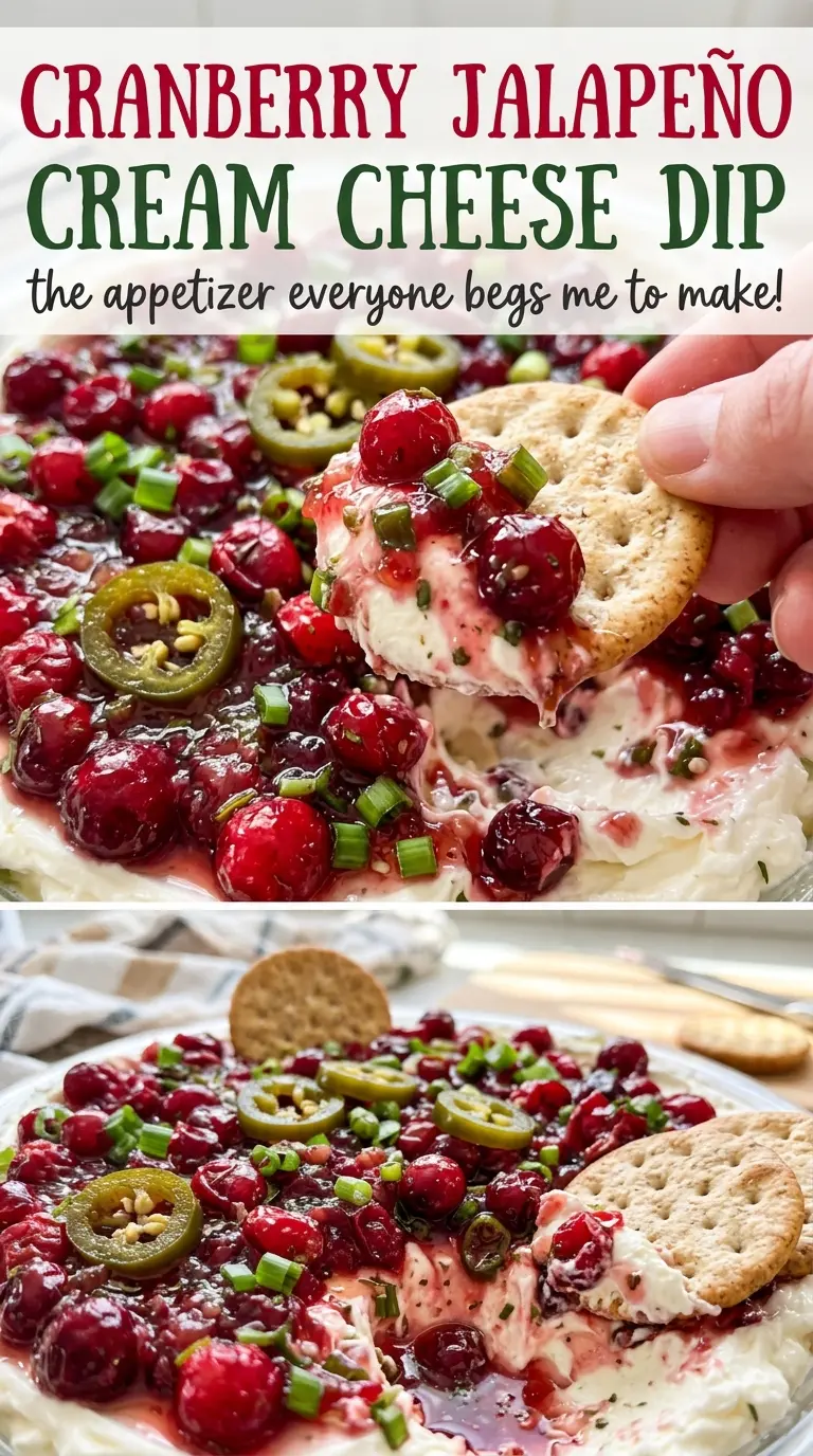 Cranberry jalapeño cream cheese dip with chunky, fresh cranberry topping