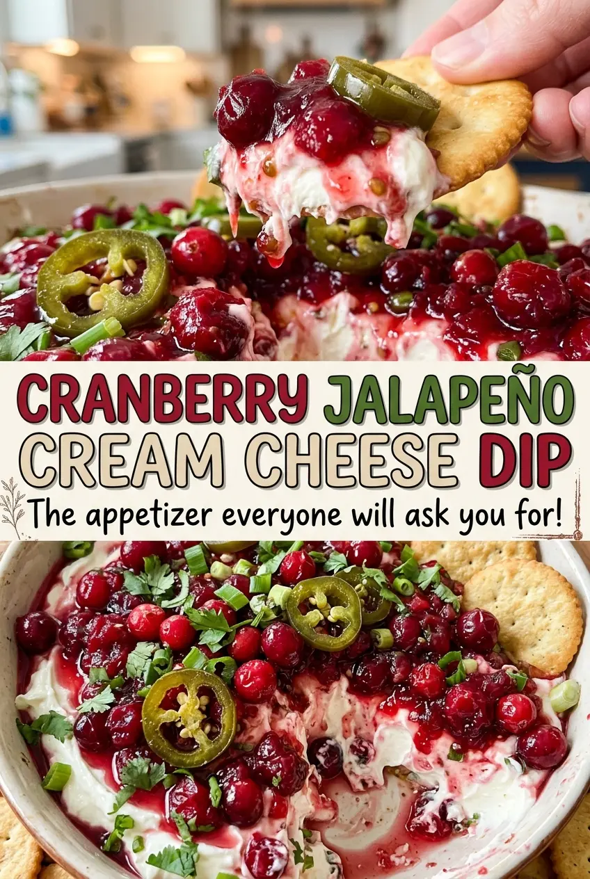 Cranberry jalapeño cream cheese dip with ruby cranberry topping
