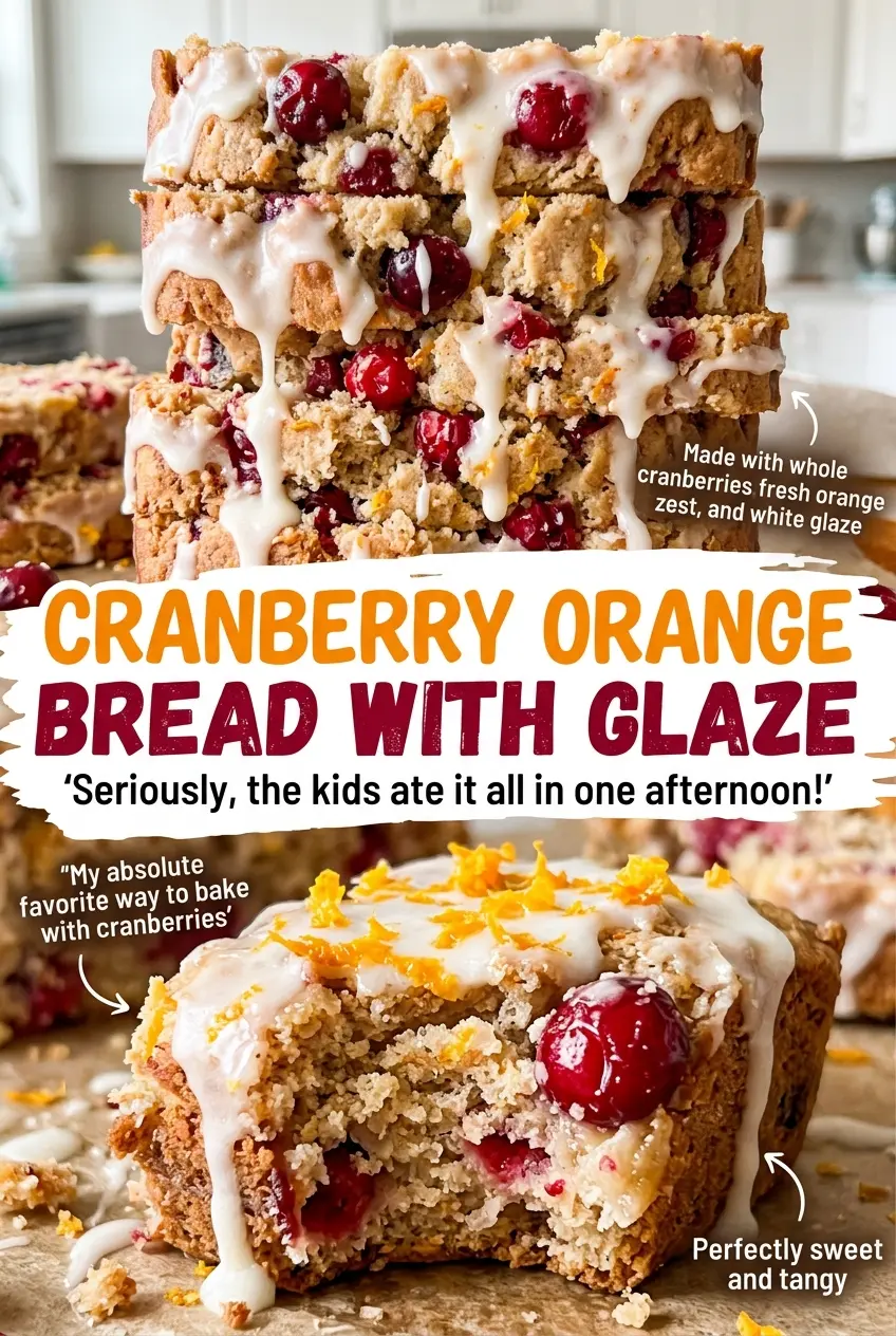 Cranberry Orange Bread with Glaze, golden sliced loaf