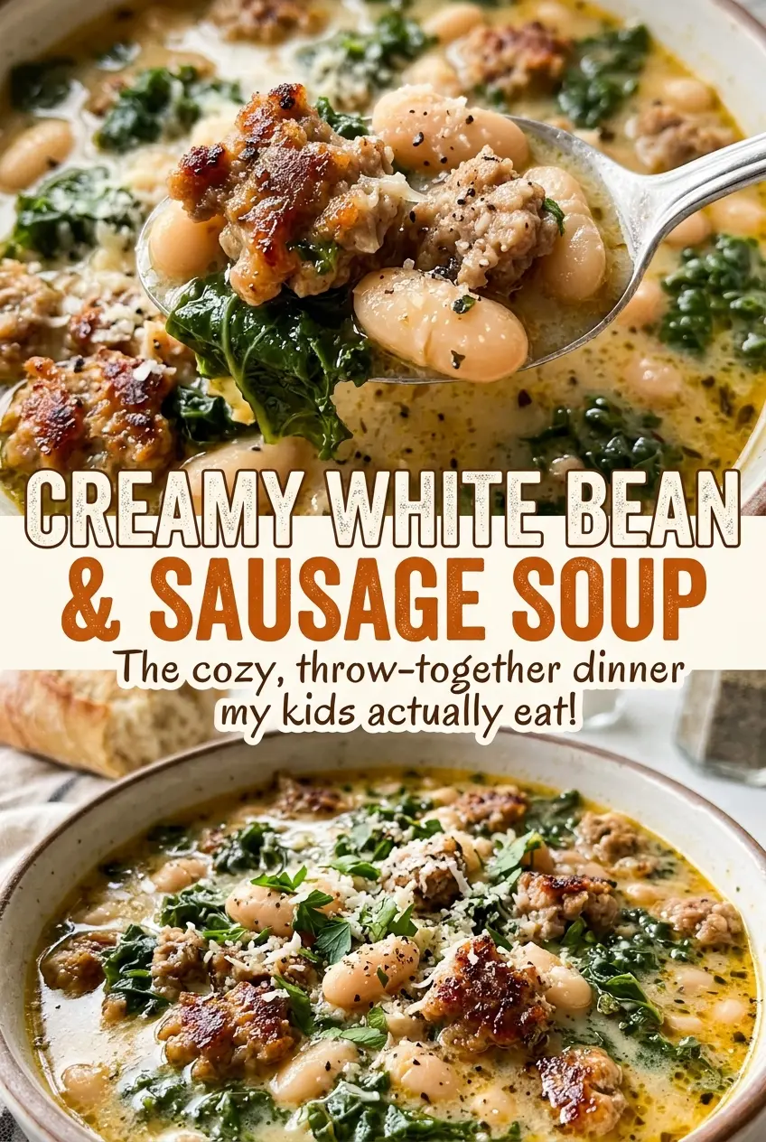 Creamy White Bean and Sausage Soup with tender kale