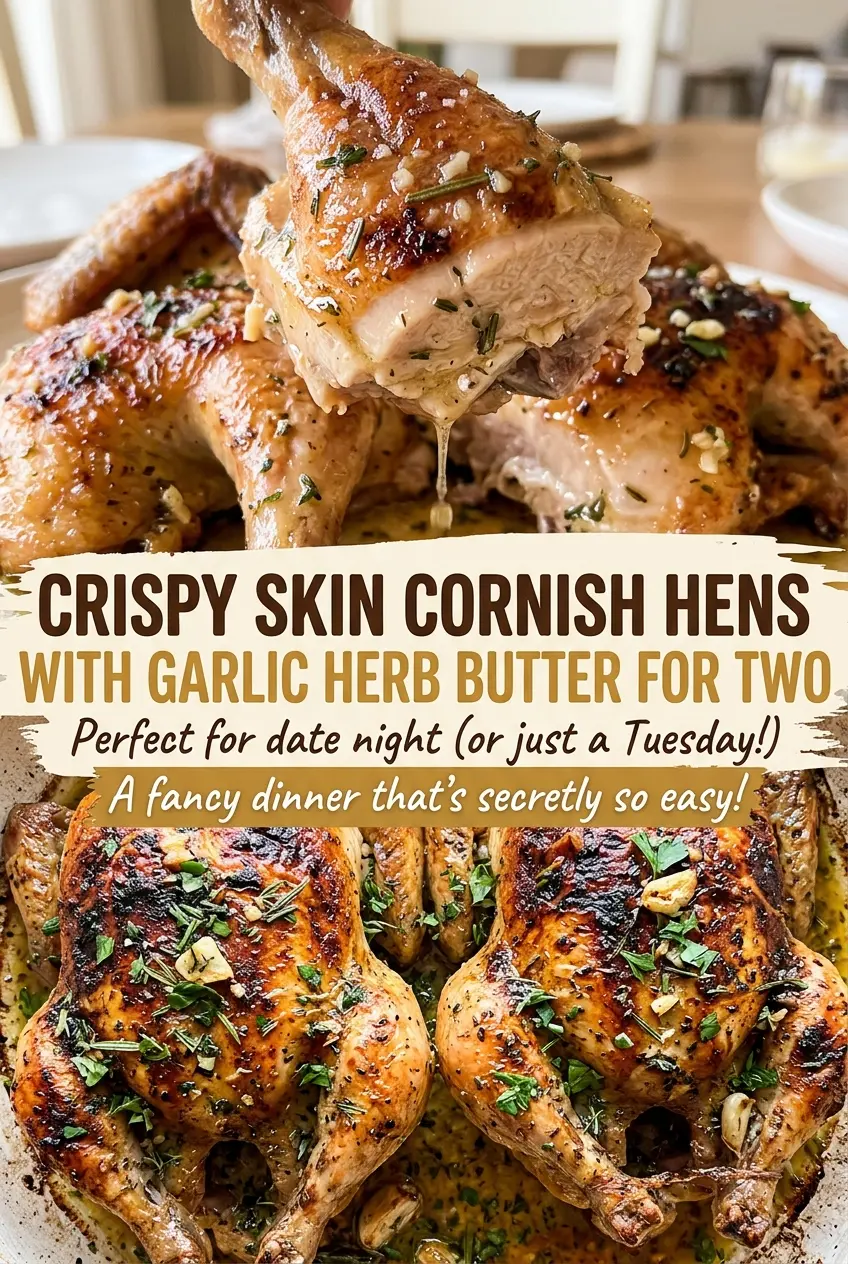 Crispy Skin Cornish Hens with Garlic Herb Butter for Two, crisp golden skin