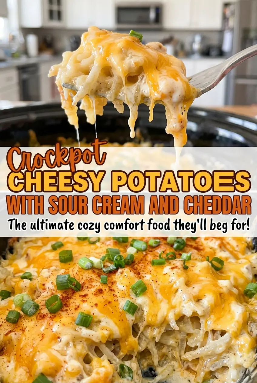 Crockpot Cheesy Potatoes with Sour Cream and Cheddar, creamy cheesy casserole
