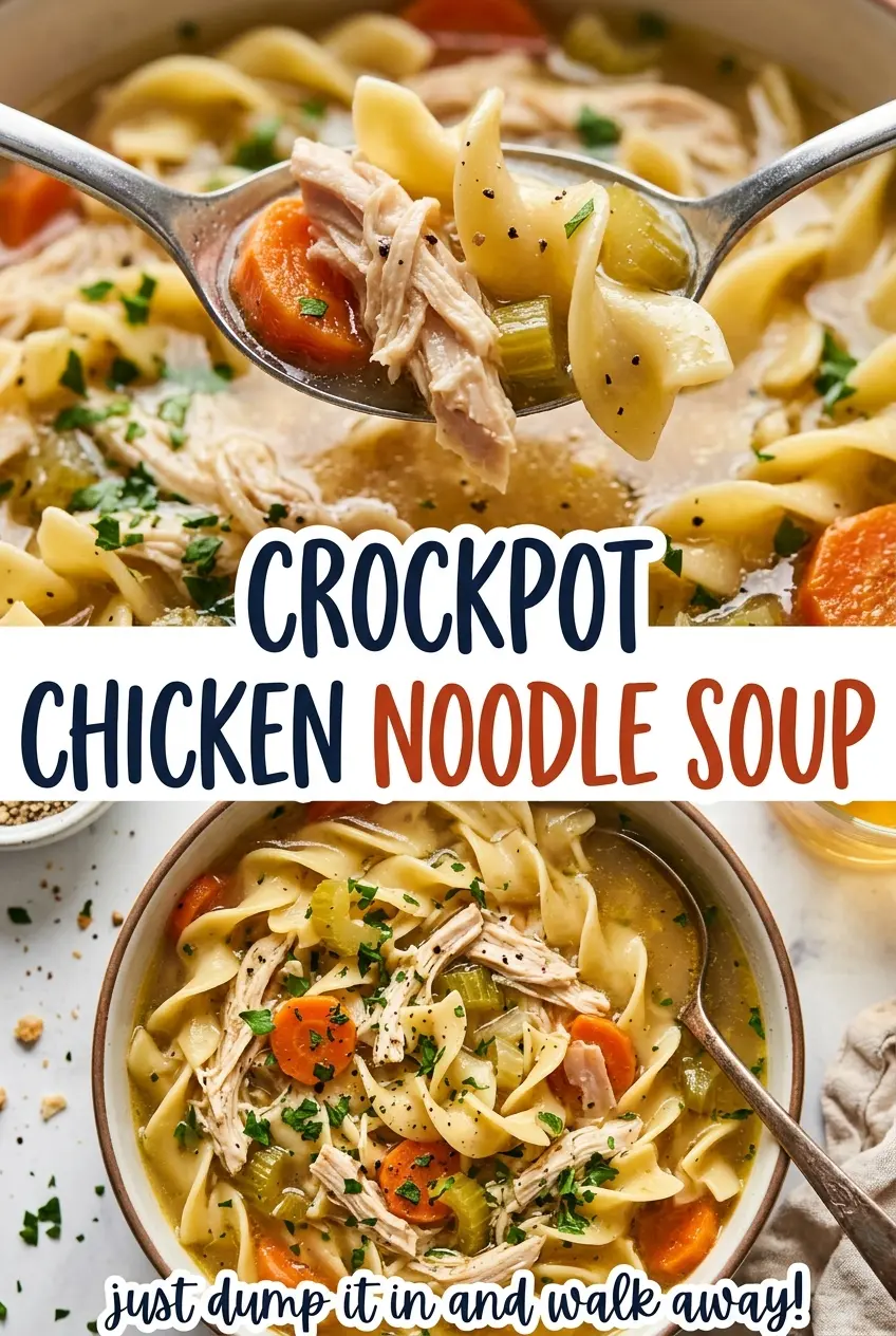 Crockpot Chicken Noodle Soup, tender savory broth