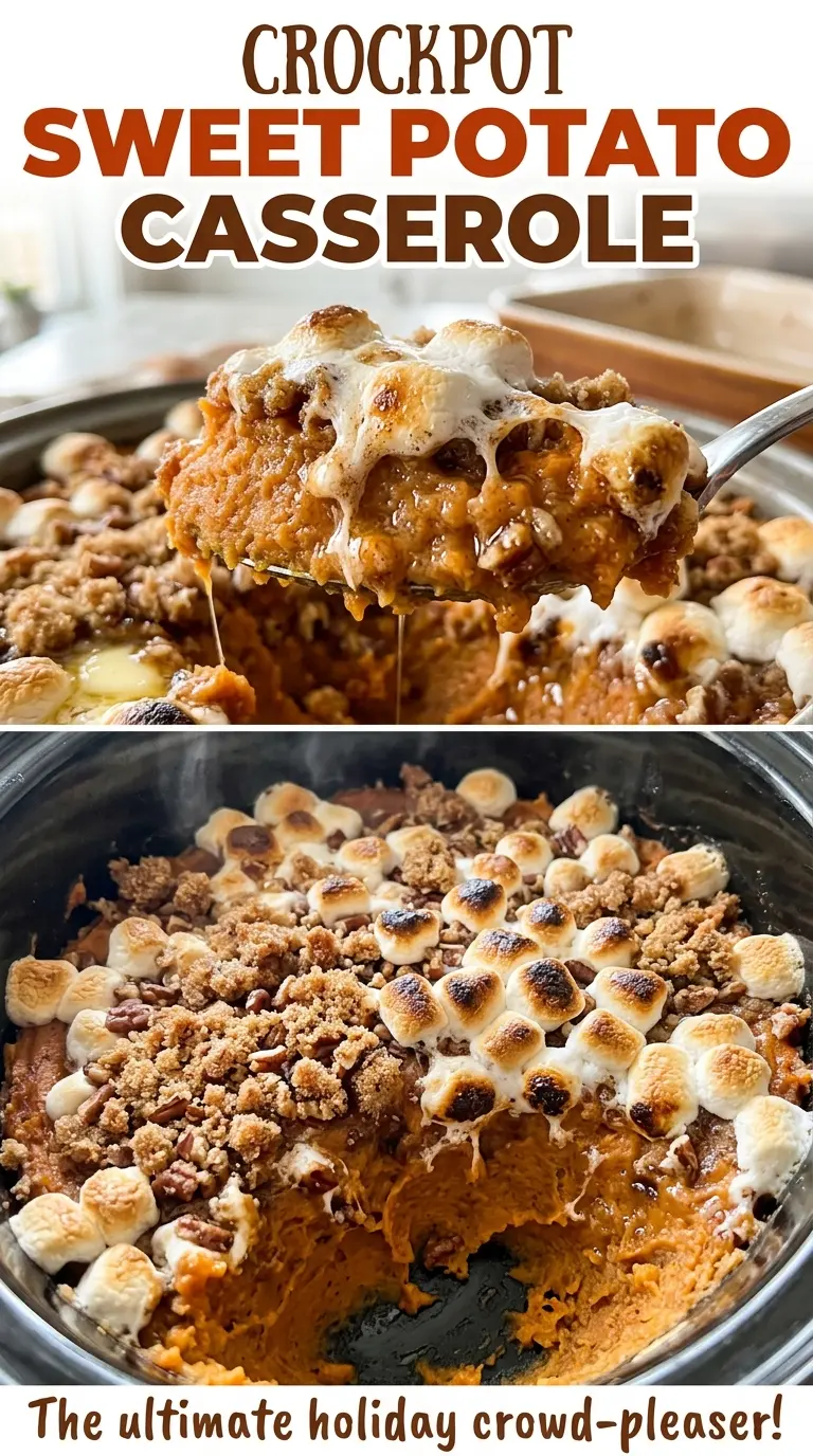 Crockpot Sweet Potato Casserole with golden pecan topping