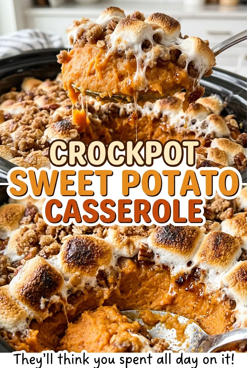 Crockpot Sweet Potato Casserole with golden pecan topping