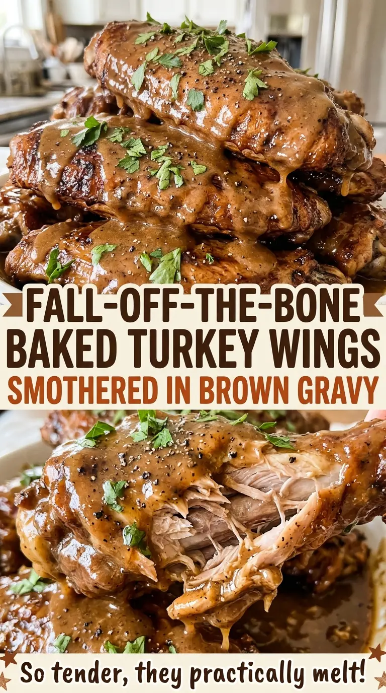 Fall-Off-the-Bone Baked Turkey Wings with glossy brown gravy