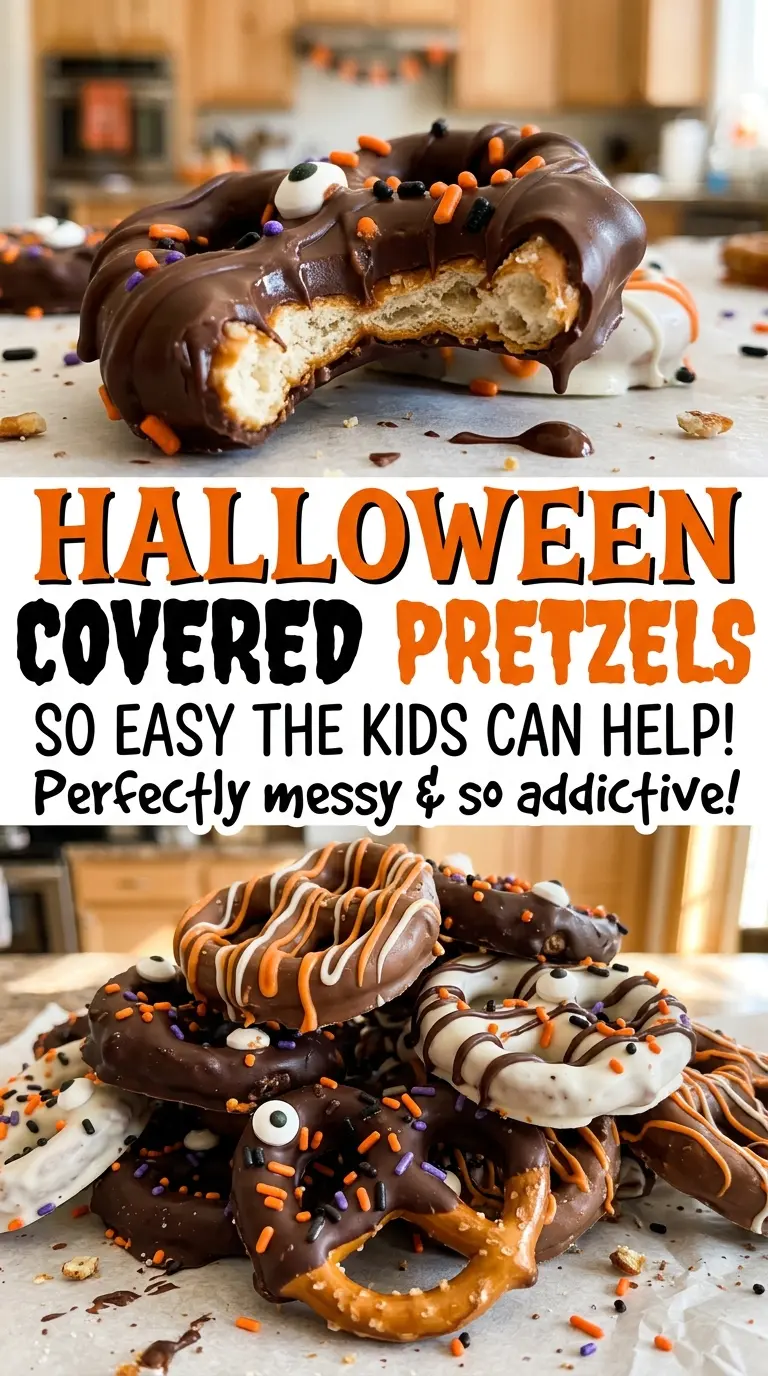 Halloween Chocolate Covered Pretzels with orange drizzle and sprinkles