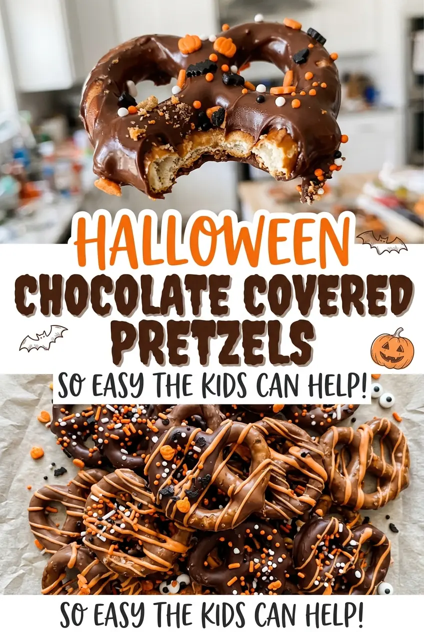 Halloween Chocolate Covered Pretzels with orange drizzle and sprinkles