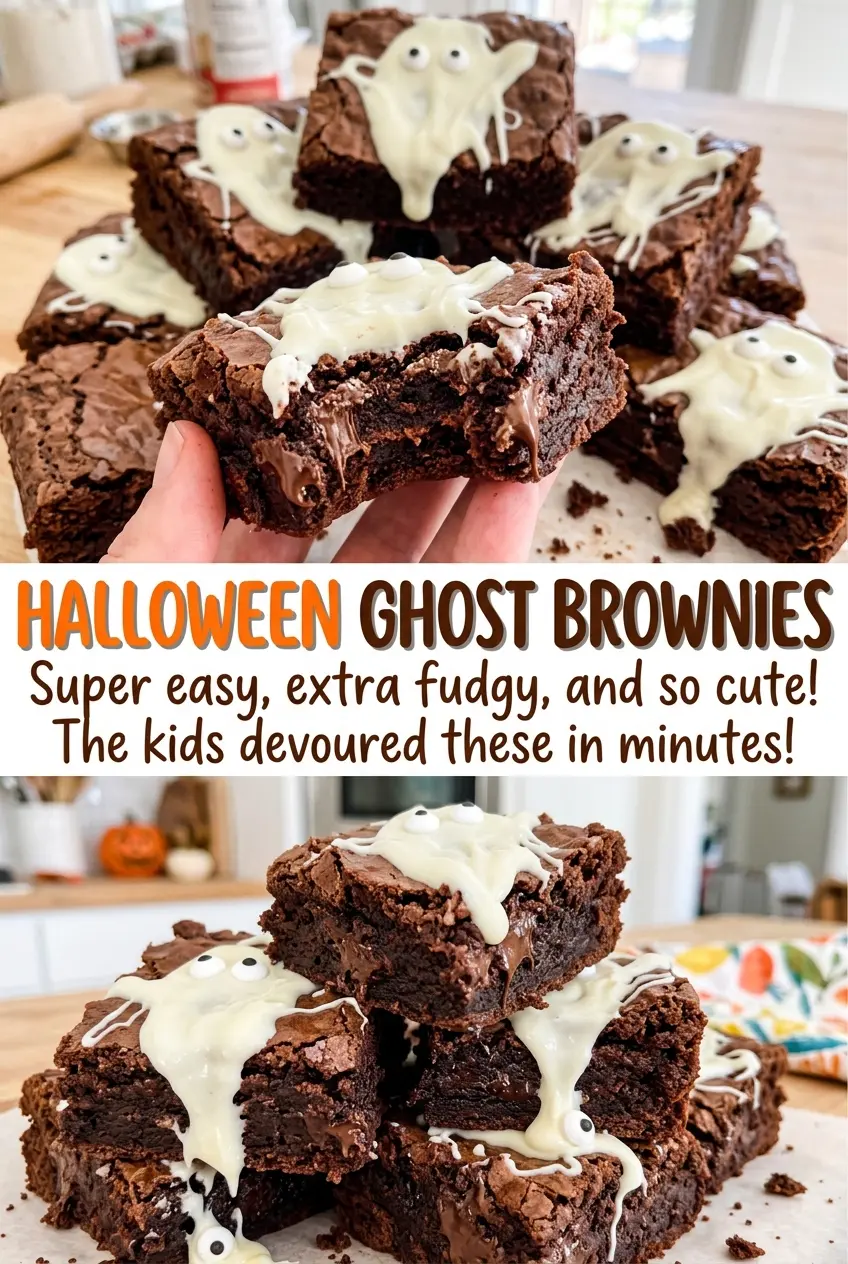 Halloween Ghost Brownies with piped frosting ghosts