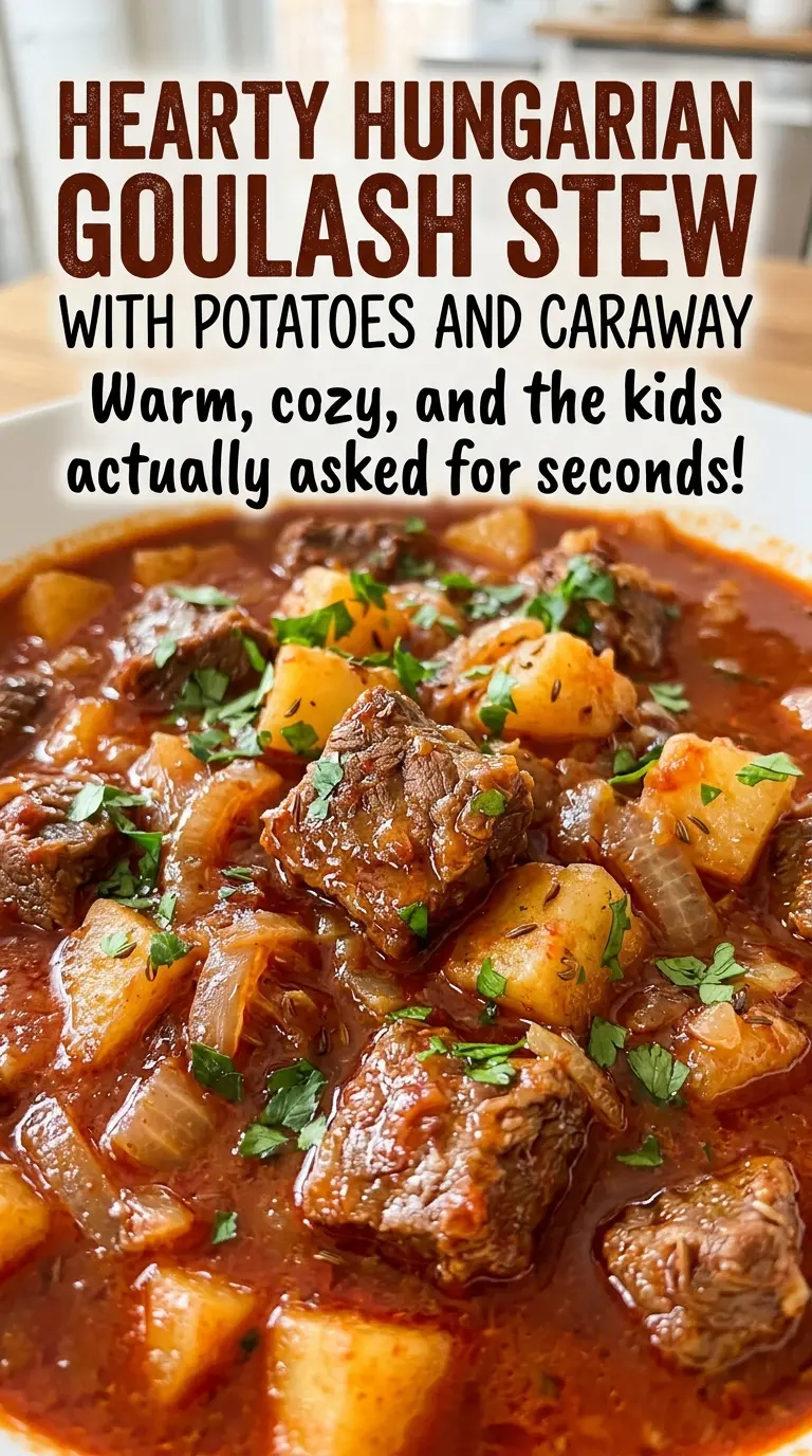 Hearty Hungarian Goulash Stew with Potatoes and Caraway, tender beef and paprika broth