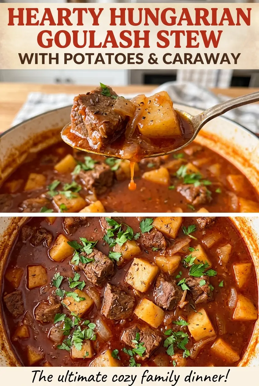 Hearty Hungarian Goulash Stew with Potatoes and Caraway, tender beef and paprika broth