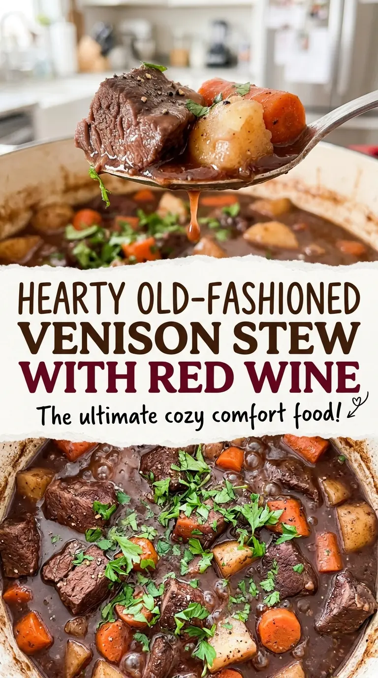 Hearty Old-Fashioned Venison Stew with Red Wine with rich gravy