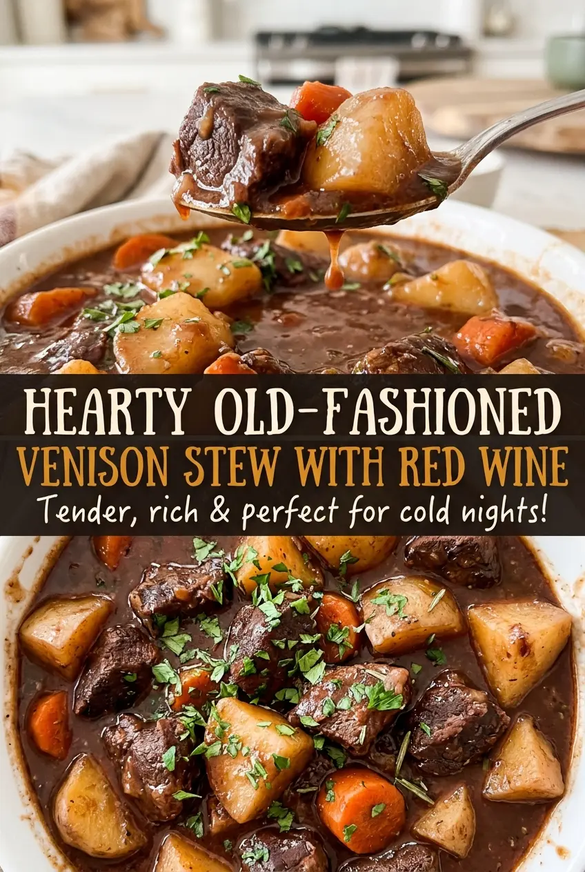 Hearty Old-Fashioned Venison Stew with Red Wine with tender vegetables