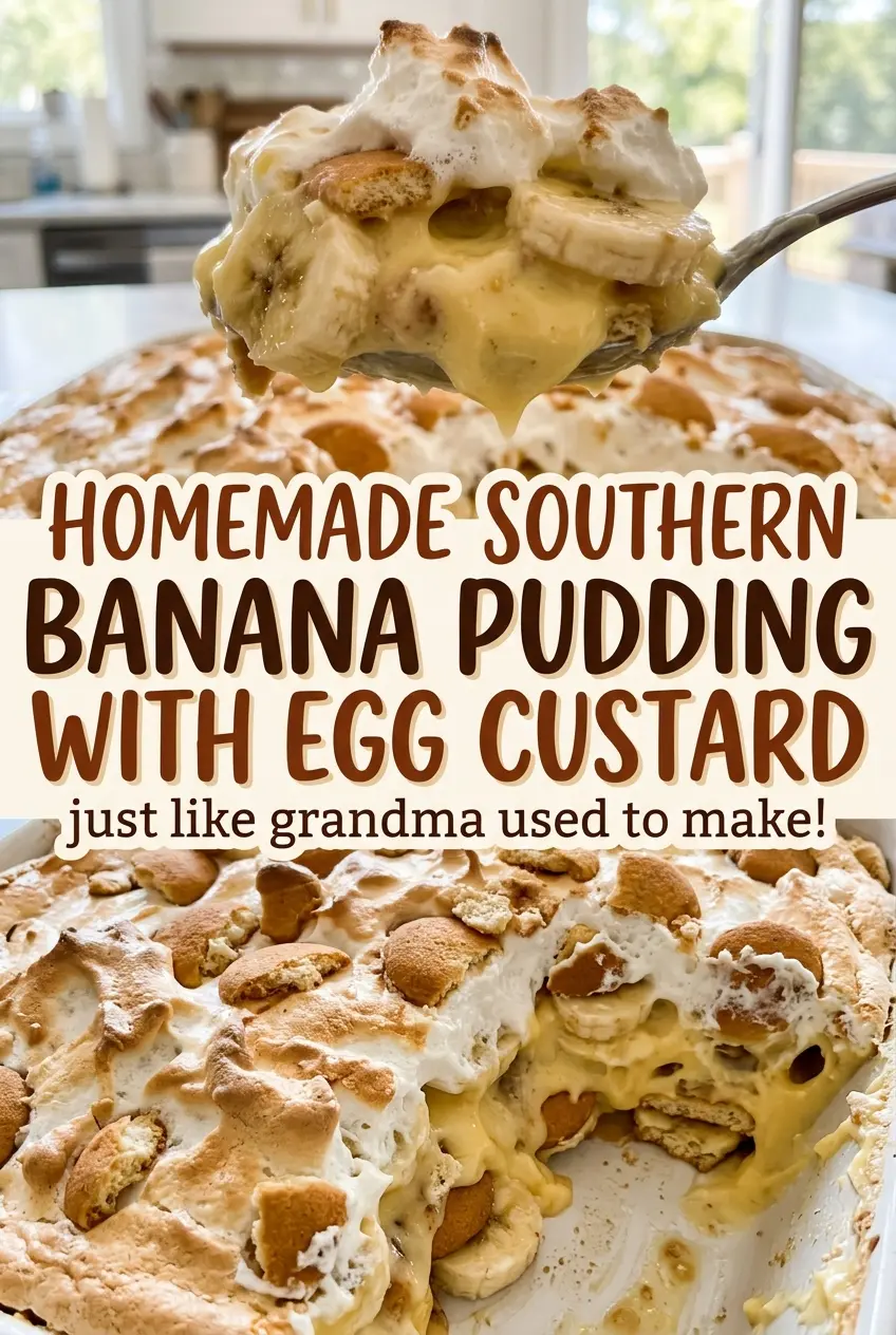 Homemade Southern banana pudding with golden meringue