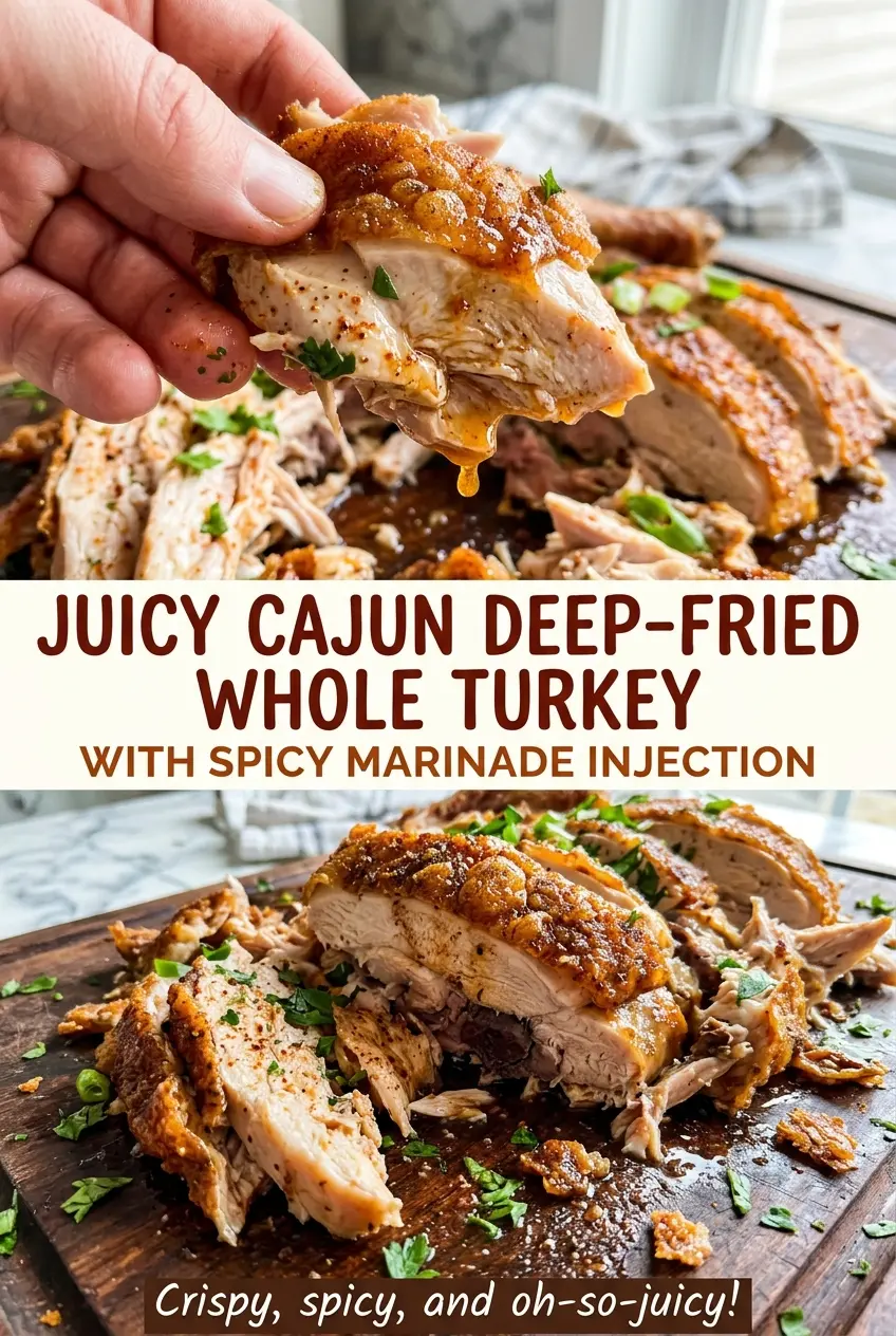 Juicy Cajun Deep-Fried Whole Turkey with Spicy Marinade Injection, crisp seasoned skin