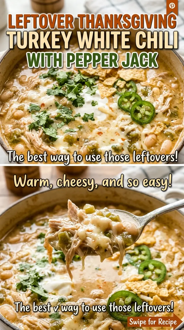 Leftover Thanksgiving Turkey White Chili with Pepper Jack, creamy and brothy