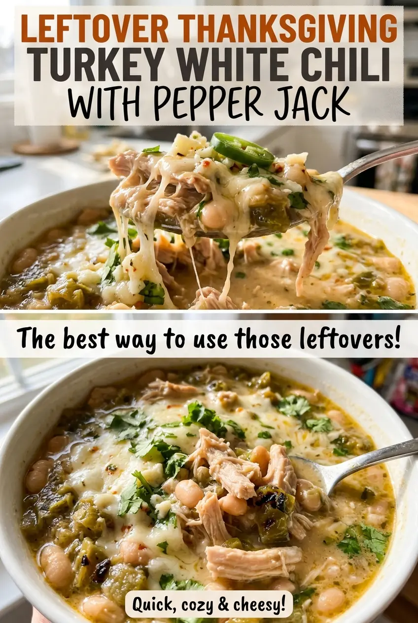 Leftover Thanksgiving Turkey White Chili with Pepper Jack, creamy and brothy