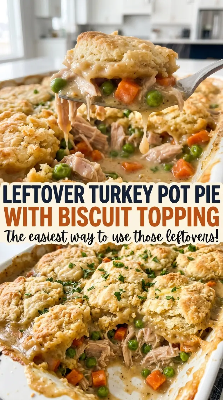 Leftover turkey pot pie with biscuit topping, creamy filling