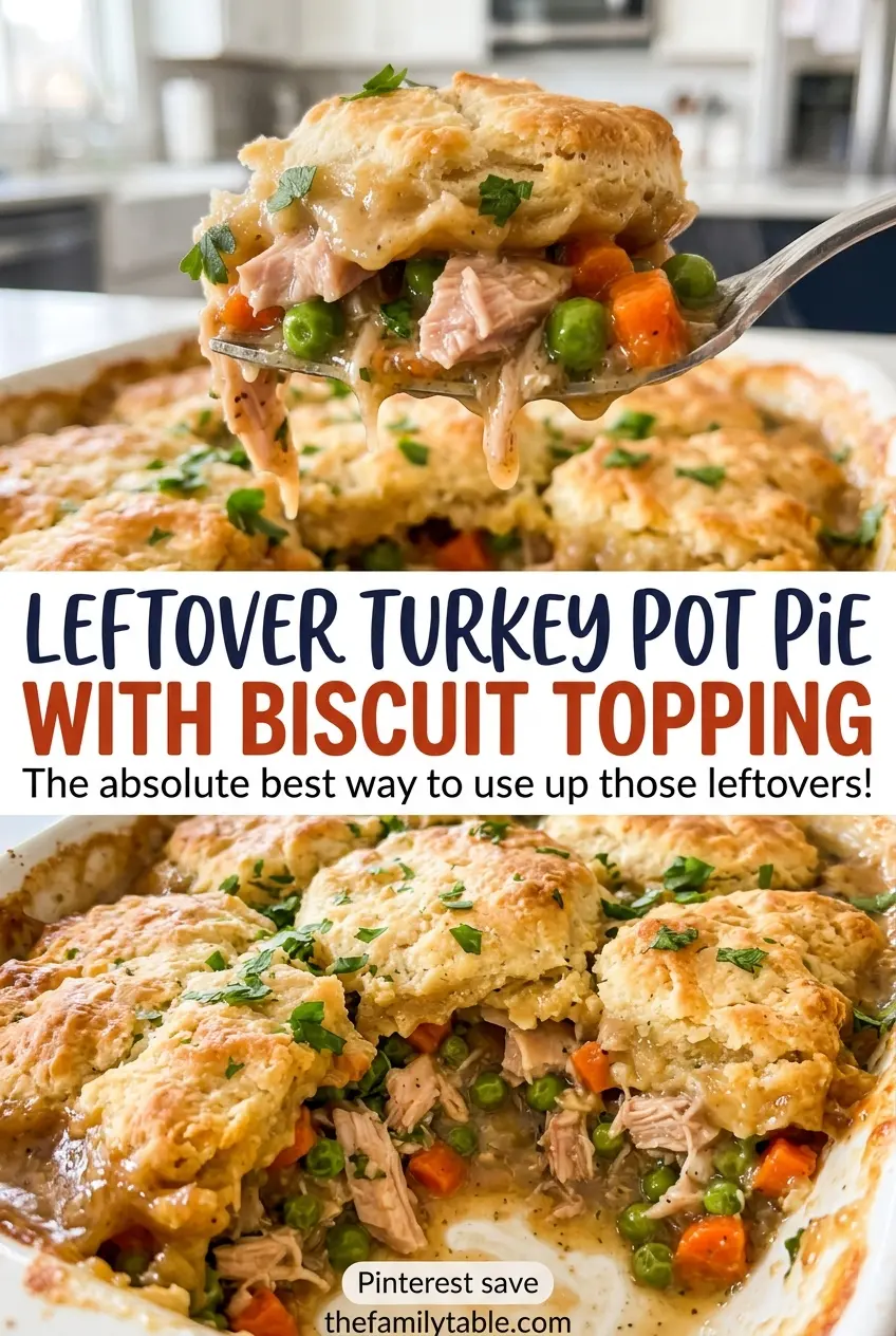 Leftover turkey pot pie with biscuit topping, golden biscuits