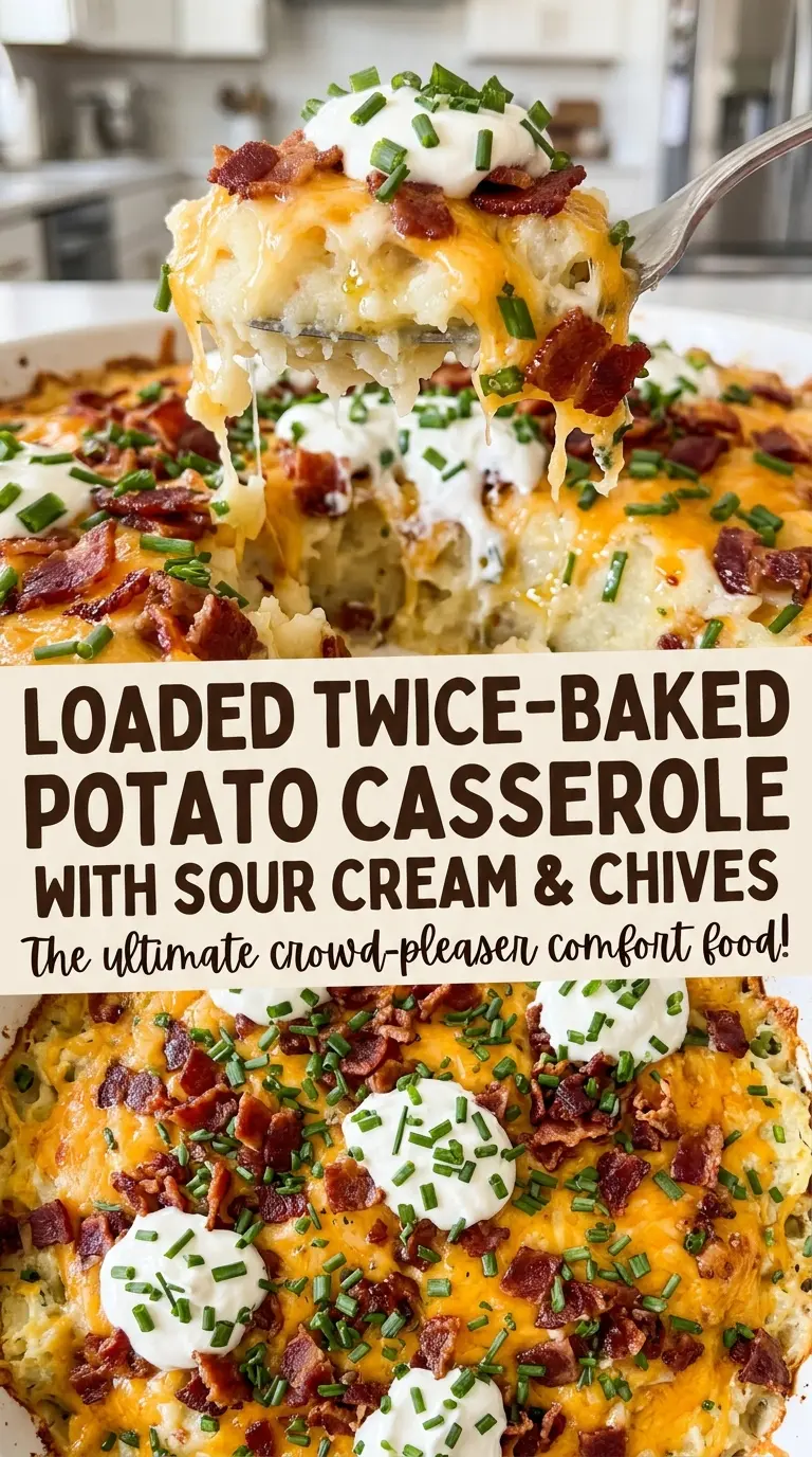 Loaded Twice-Baked Potato Casserole with Sour Cream and Chives, bacon cheddar topping