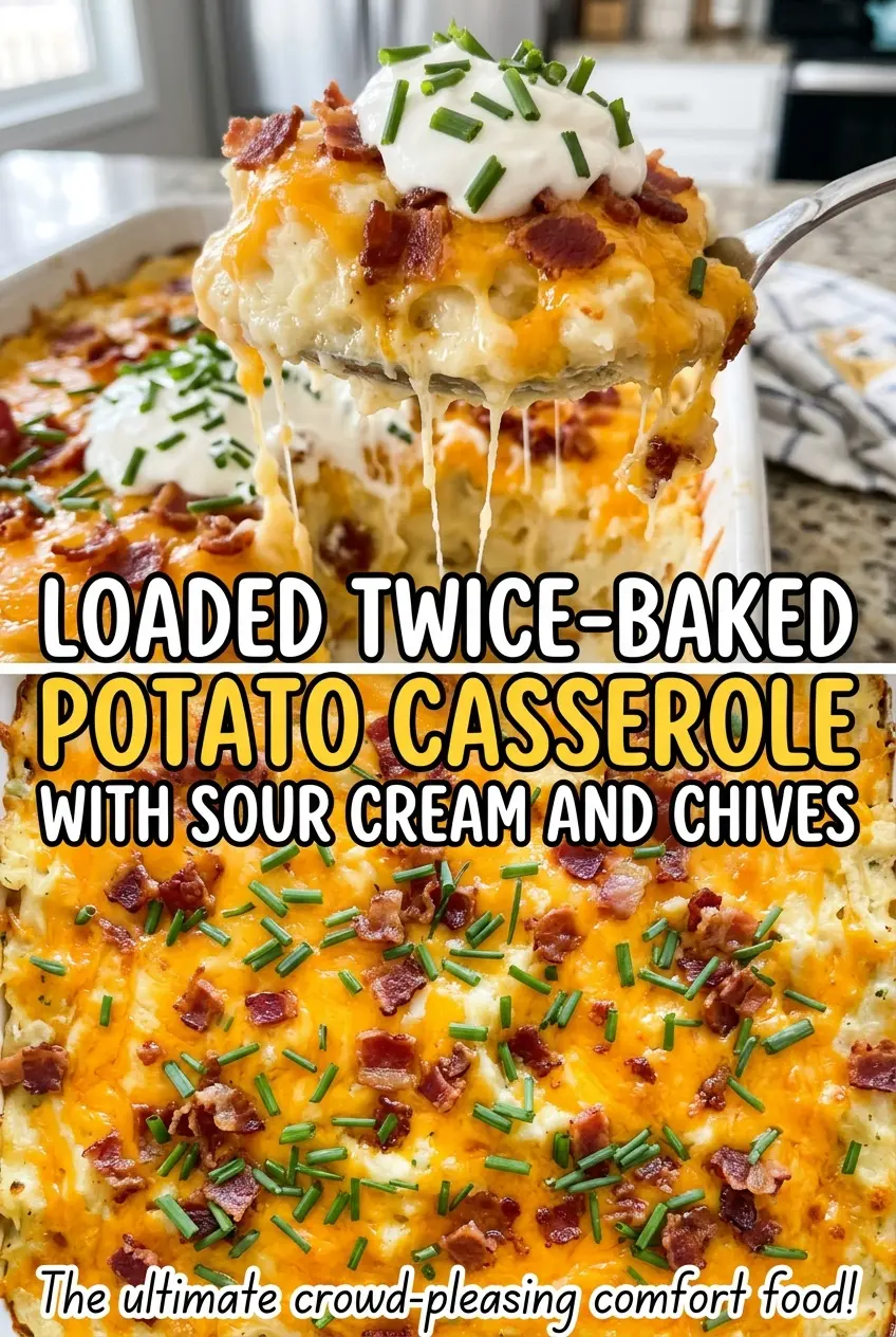 Loaded Twice-Baked Potato Casserole with Sour Cream and Chives, creamy cheesy top