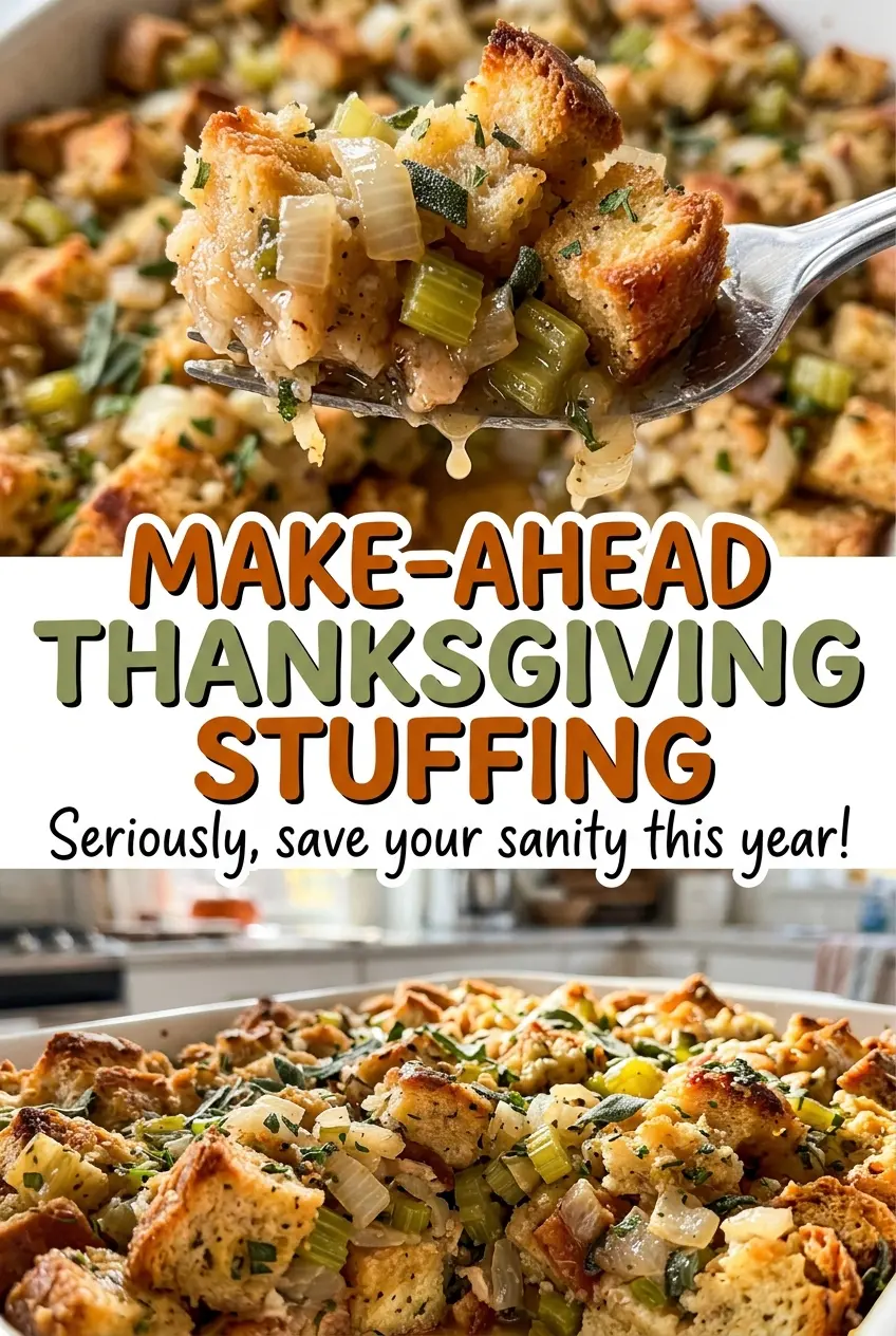 Make-Ahead Thanksgiving Stuffing golden crisp top