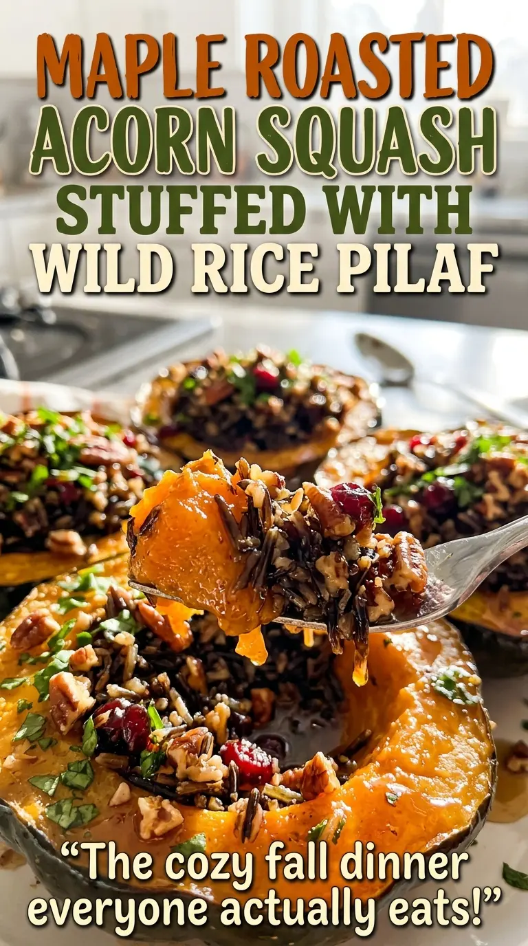 Maple Roasted Acorn Squash Stuffed with Wild Rice Pilaf, colorful cranberry pecan filling