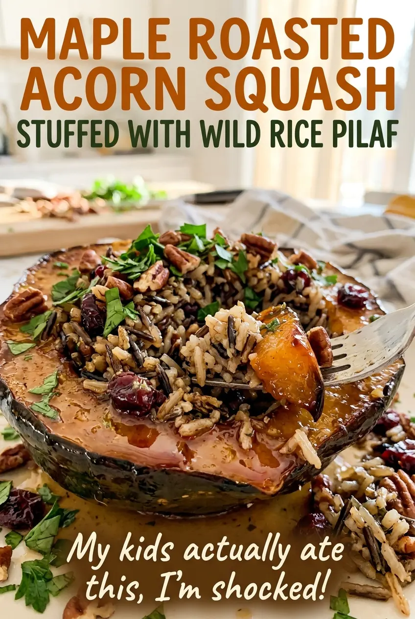 Maple Roasted Acorn Squash Stuffed with Wild Rice Pilaf, golden maple-glazed