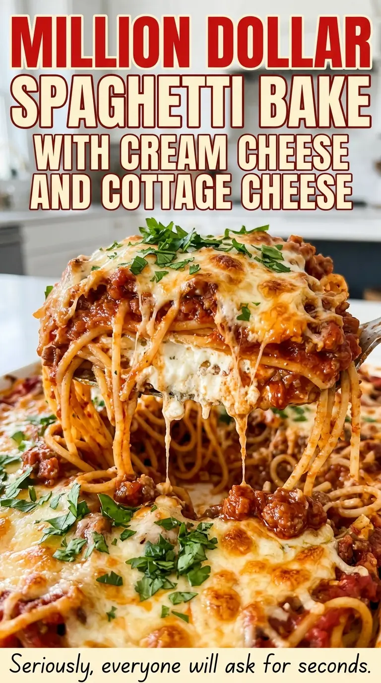 Million Dollar Spaghetti Bake with Cream Cheese and Cottage Cheese, golden cheesy layers