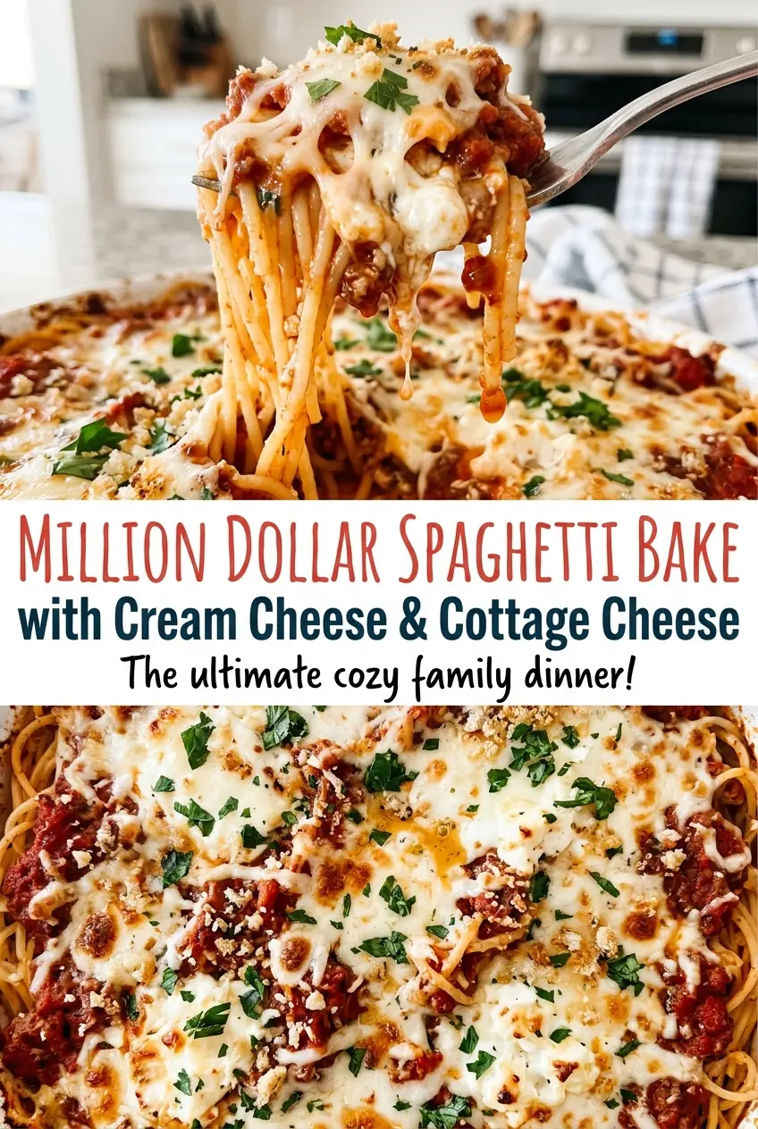 Million Dollar Spaghetti Bake with Cream Cheese and Cottage Cheese, bubbling cheesy casserole